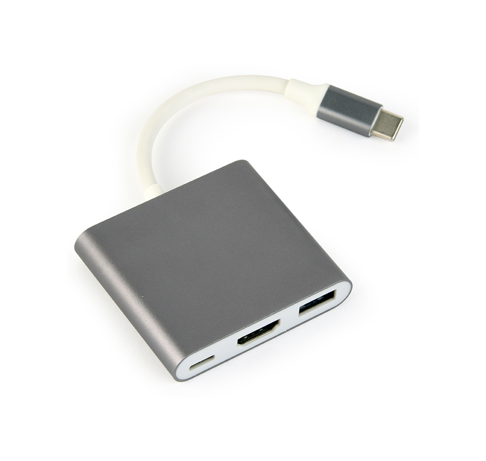 Кабель адаптер  USB Type-C (M) + USB Type-C for charging (F) - HDMI (F) + USB3.0 (F) Gembird/Cablexpert A-CM-HDMIF-02-SG, черный