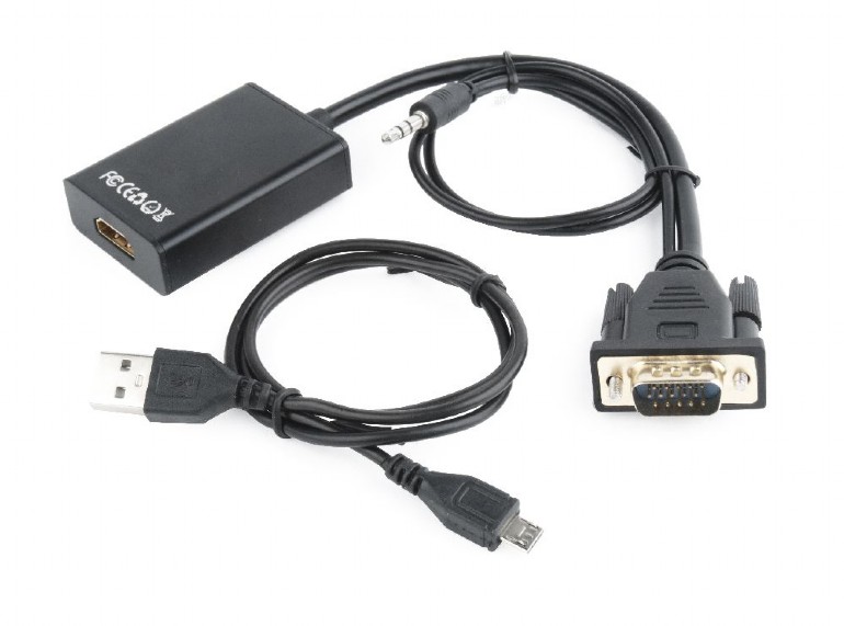 Кабель адаптер VGA (M) + Jack3.5 + USB power input - HDMI (F), Gembird/Cablexpert A-VGA-HDMI-01, черный