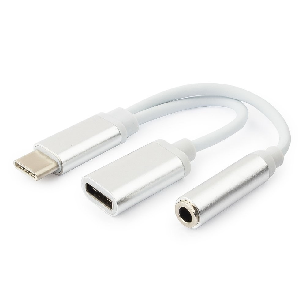 Кабель адаптер USB Type-C (M) - Jack3.5 + USB Type-C (F) Gembird/Cablexpert CCA-UC3.5F-02-W, 0.15м, белый