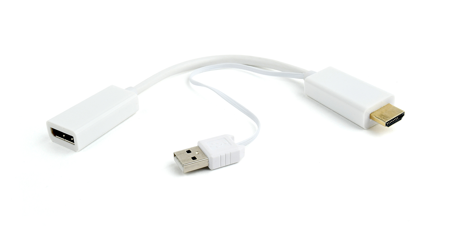 Кабель адаптер HDMI (M) + USB2.0 power input (M) - DP (F) Gembird/Cablexpert DSC-HDMI-DP-W, белый