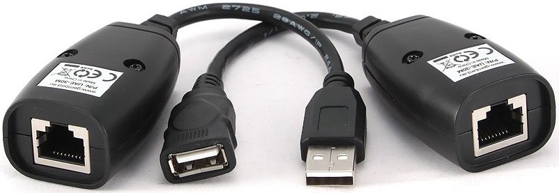 Кабель удлинитель USB2.0 (M) - 2xRJ45 - USB2.0 (F), до 30м, Gembird/Cablexpert UAE-30M, черный