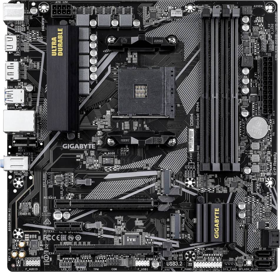 Материнская плата Gigabyte B550M DS3H, AM4, (DVI, HDMI), 4xDDR IV, mATX (ТОЛЬКО В СОСТАВЕ ПЭВМ)