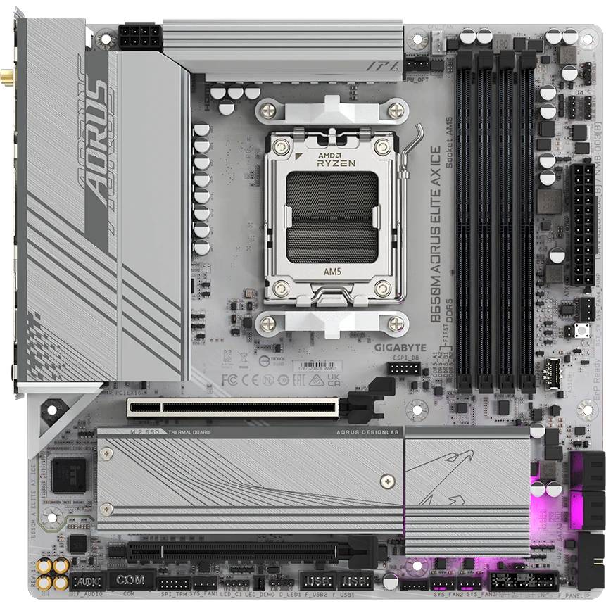 Материнская плата Gigabyte B650M AORUS ELITE AX ICE, AM5, (HDMI, DP), 4xDDR V, mATX (ТОЛЬКО В СОСТАВЕ ПЭВМ)