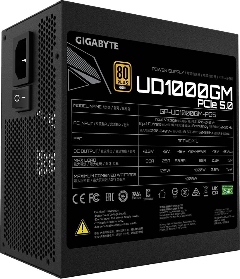 Блок питания 1000Вт, Gigabyte GP-UD1000GM PG5, 80 Plus Gold, APFC, ATX