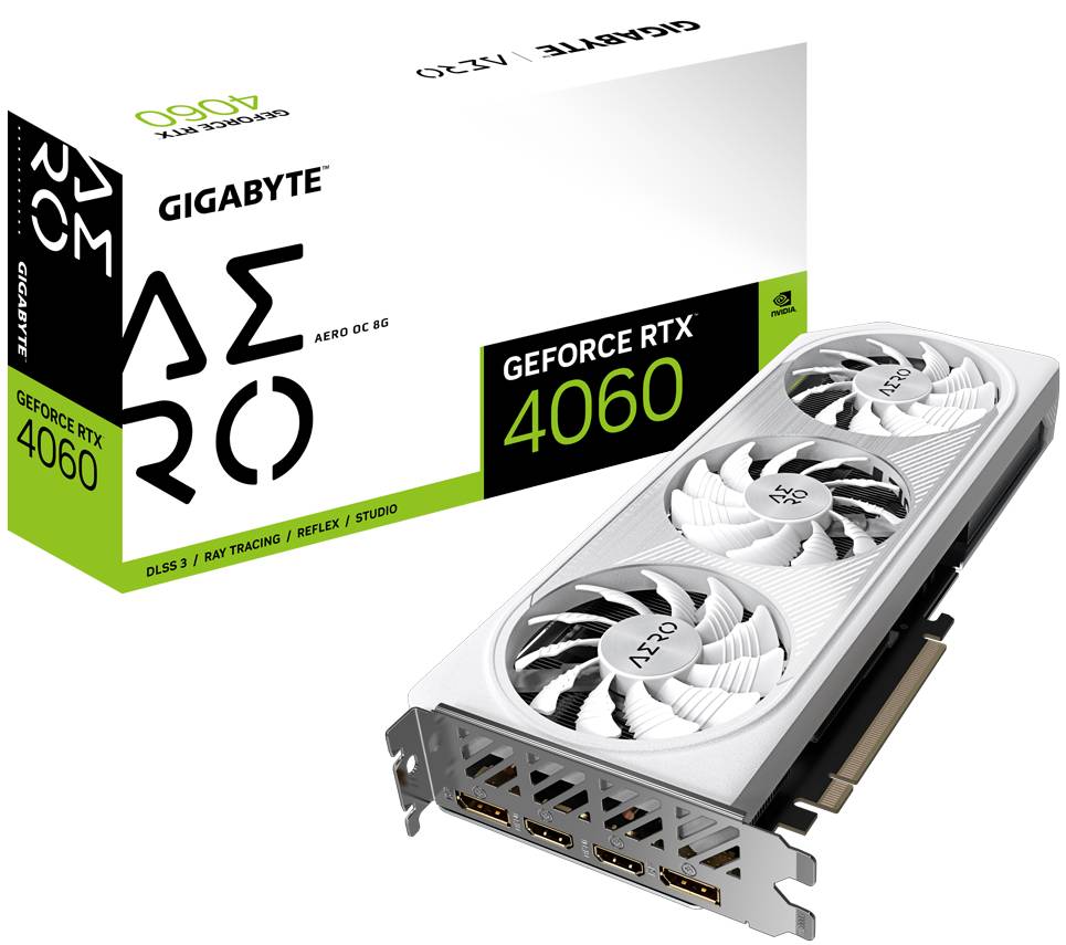 Видеокарта GeForce RTX 4060, 8Gb GDDR6 128bit, Gigabyte GV-N4060AERO OC-8GD, RTL