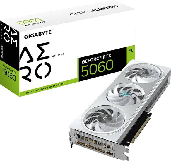 Видеокарта GeForce RTX 5060, 8Gb GDDR7 128bit, Gigabyte RTX 5060 Aero OC 8G GV-N5060AERO OC-8GD, RTL