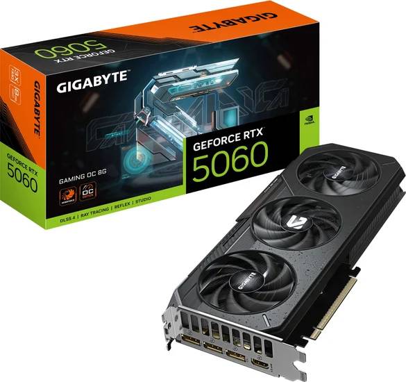 Видеокарта GeForce RTX 5060, 8Gb GDDR7 128bit, Gigabyte RTX 5060 GAMING OC 8G GV-N5060GAMING OC-8GD, RTL