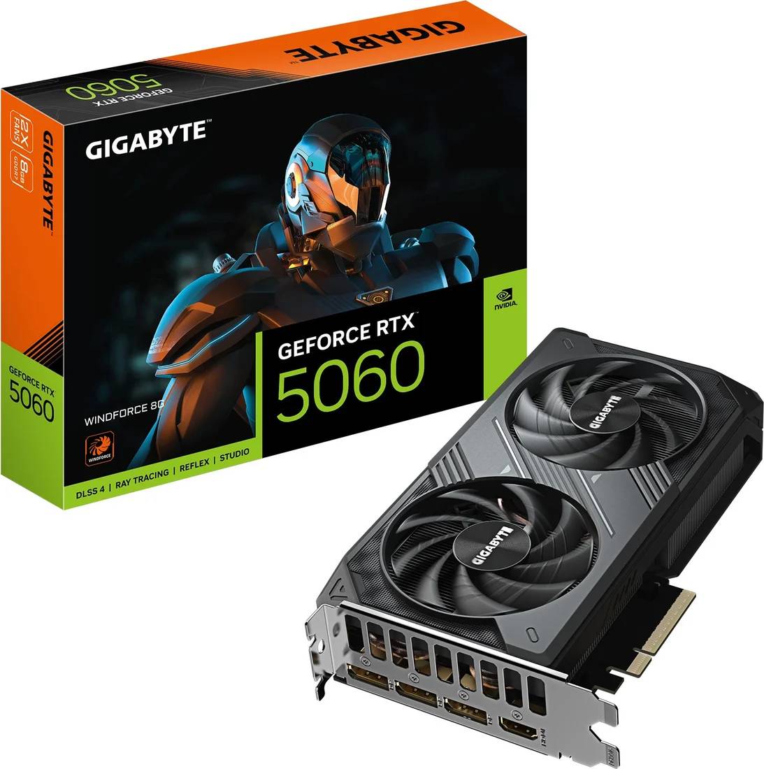 Видеокарта GeForce RTX 5060, 8Gb GDDR7 128bit, Gigabyte RTX 5060 Windforce 8G GV-N5060WF2-8GD, RTL
