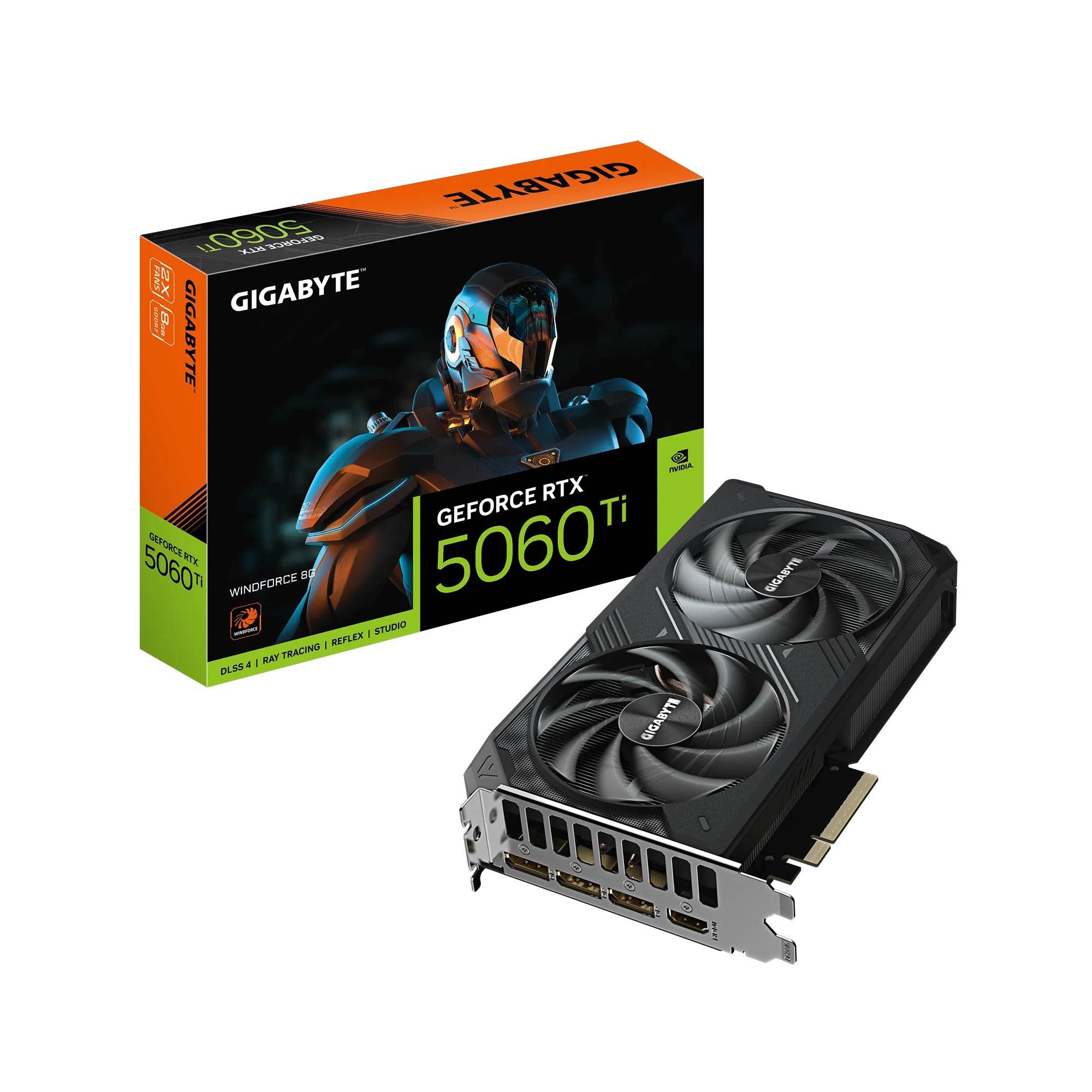 Видеокарта GeForce RTX 5060Ti, 8Gb GDDR7 128bit, Gigabyte RTX 5060 Ti Windforce 8G GV-N506TWF2-8GD, RTL