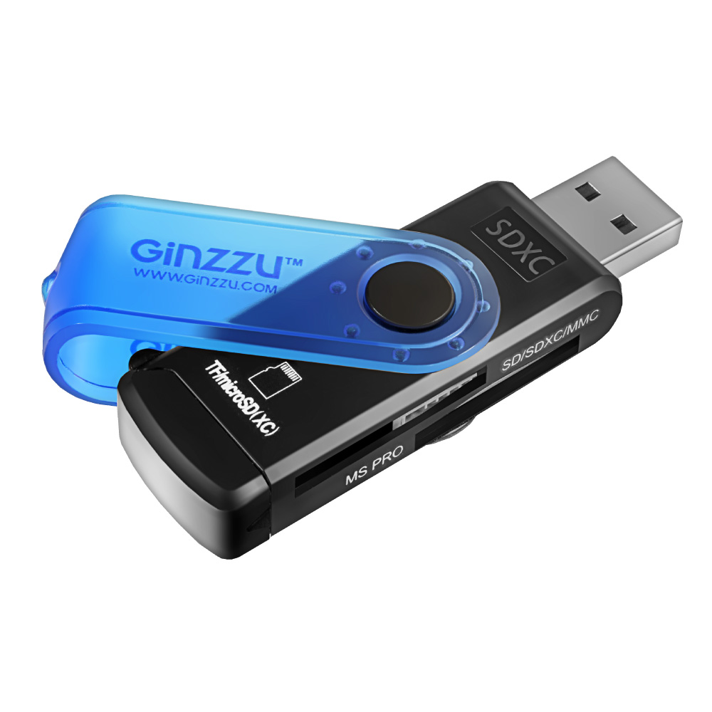 Картридер Ginzzu GR-412B, USB2.0, черно-синий