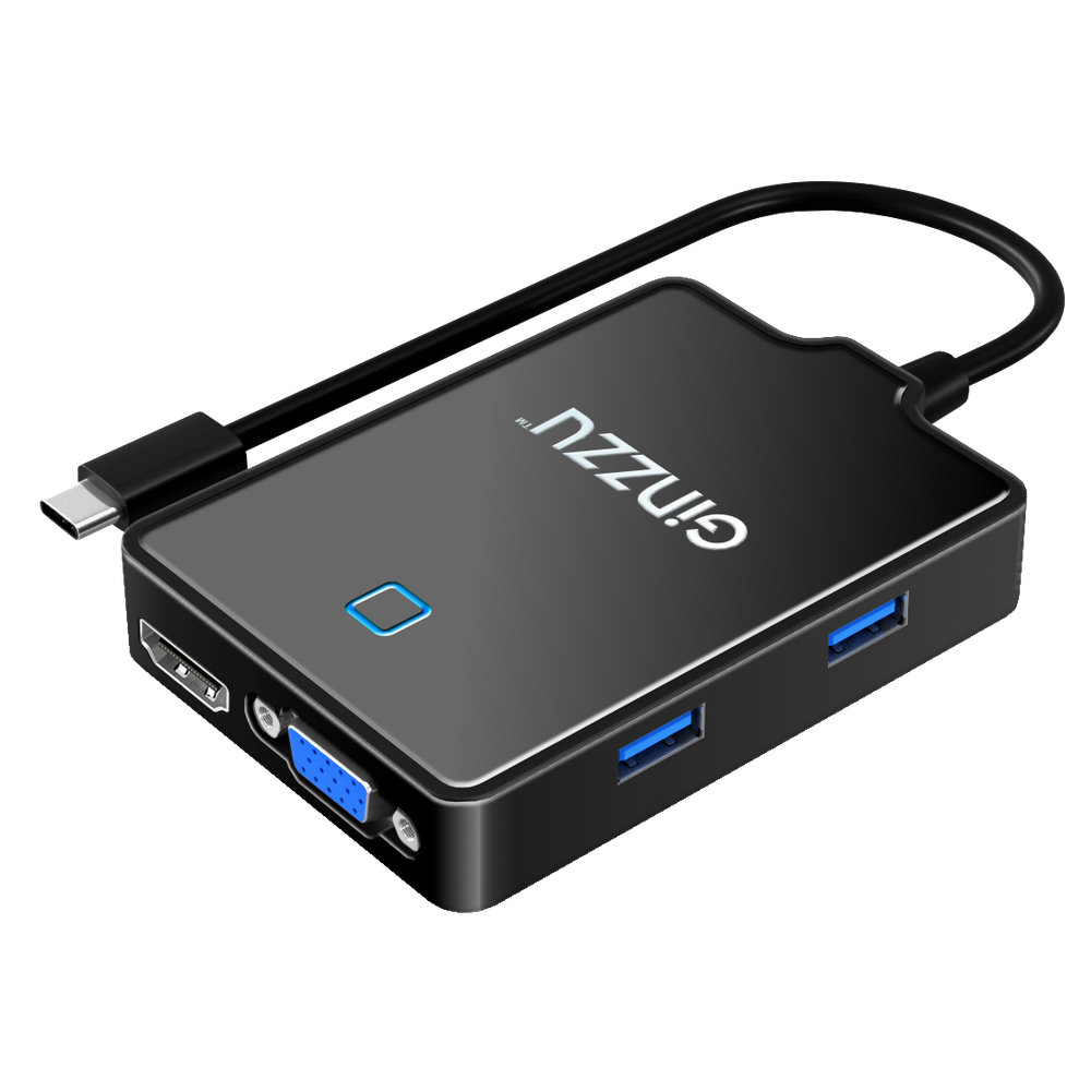 Разветвитель USB Ginzzu GR-770UB, USB Type-C - 4xUSB3.0, HDMI, VGA, Audio, 1м кабель внешнего питания