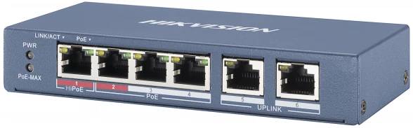 Коммутатор Hikvision DS-3E0106HP-E, 4xLAN 100Mbps, 2xUplink, PoE