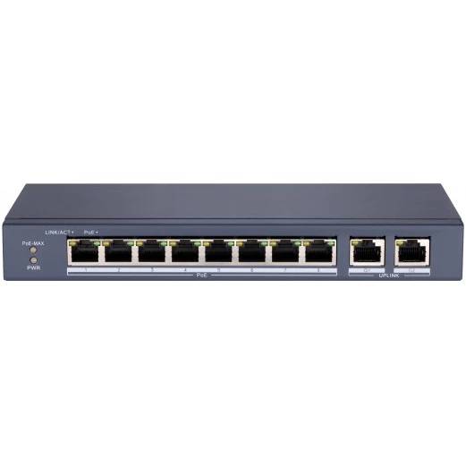 Коммутатор HiWatch DS-S1008P, 8xLAN 100Mbps, 2xLAN 1Gbps, PoE+