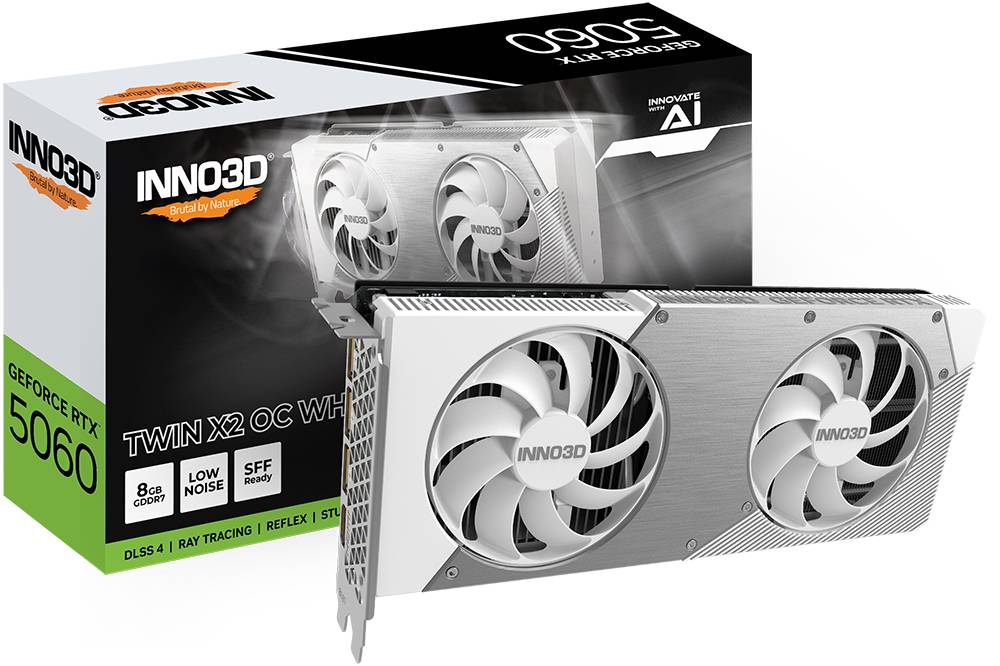 Видеокарта GeForce RTX 5060, 8Gb GDDR7 128bit, INNO3D RTX 5060 8Gb Twin X2 OC WHITE N50602-08D7X-195070W, RTL