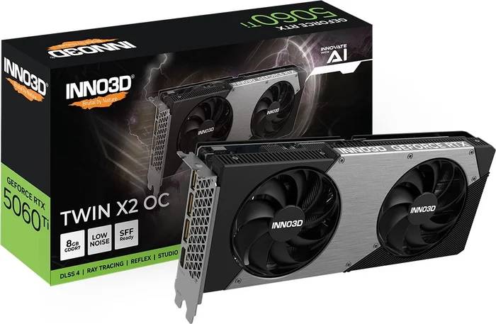 Видеокарта GeForce RTX 5060 Ti, 8Gb GDDR7 128bit, INNO3D RTX 5060 Ti 8Gb Twin X2 OC N506T2-08D7X-193075N, RTL