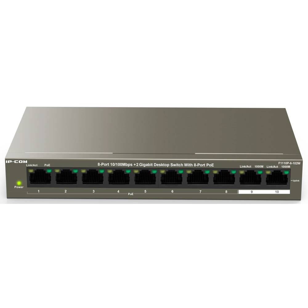 Коммутатор IP-Com F1110P-8-102W, 8xLAN 1Gbps, 2xUplink, PoE
