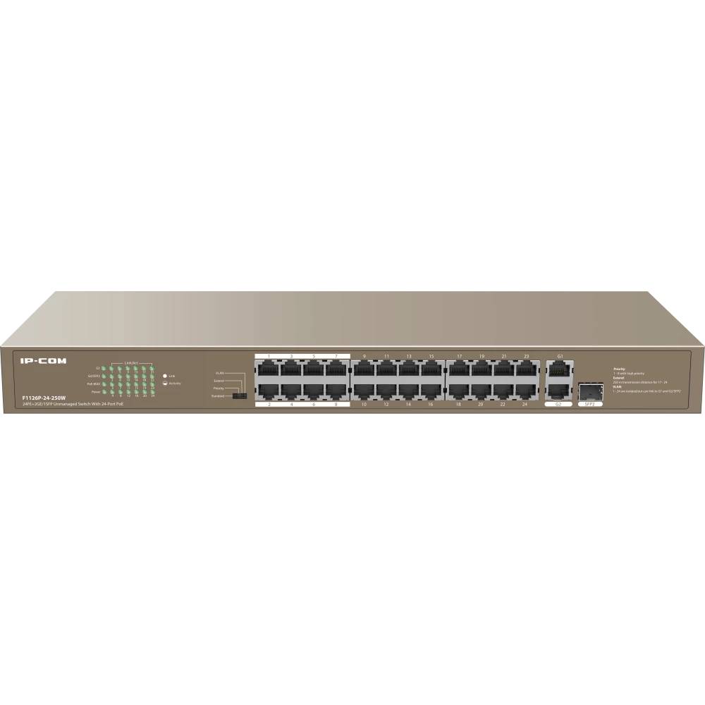 Коммутатор IP-COM F1126P-24-250W, 24xLAN 100Mbps, 2xLAN 1Gbps 1xSFP, PoE