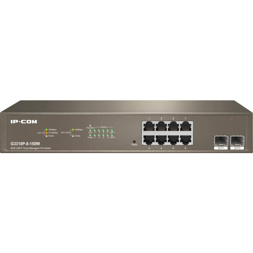 Коммутатор IP-COM G3310P-8-150W, 8xLAN 1Gbps, 2xSFP 1Gbps, PoE