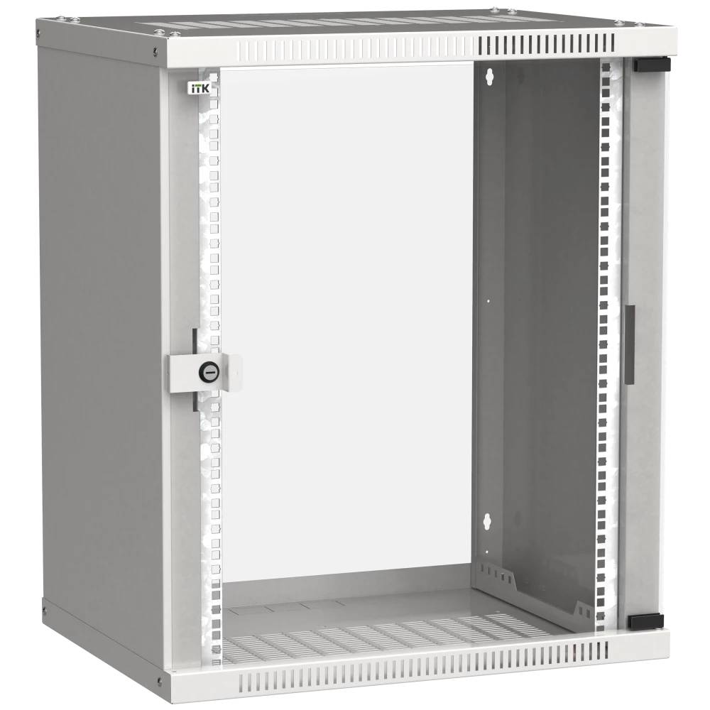 Шкаф коммутационный ITK Linea WE (LWE3-15U66-GF) настенный 15U 600x600мм пер.дв.стекл направл.под закл.гайки 50кг серый 550мм 22.3кг 200град. 715мм IP20 IK08 сталь LWE3-15U66-GF