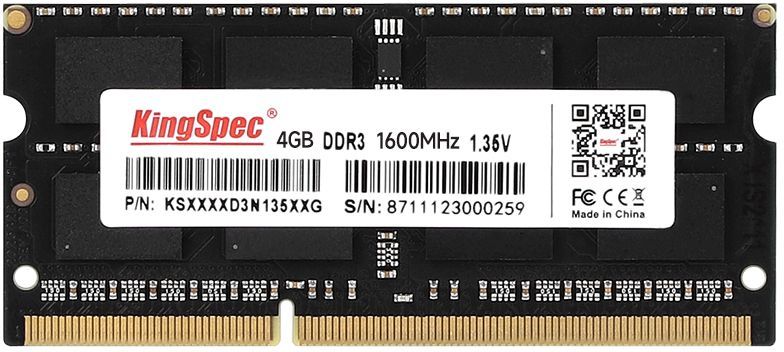 Оперативная память для ноутбука 4Gb KingSpec KS1600D3N13504G, SODIMM DDR III, PC-12800, 1600MHz, 1.35V