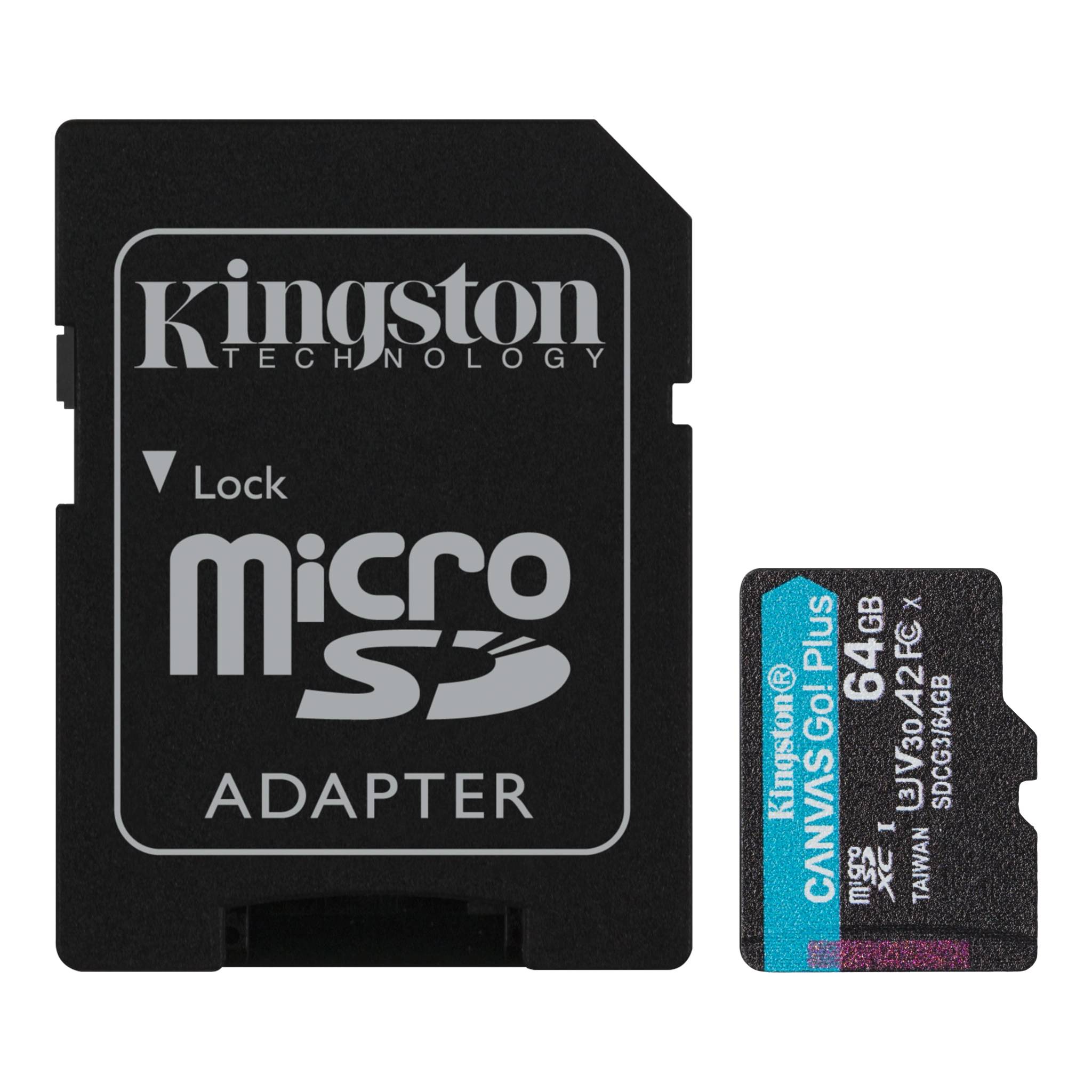 Карта памяти 64Gb Kingston Canvas Go! Plus SDCG3/64GB, SD Micro, SDXC Class 10, UHS-I U3, адаптер