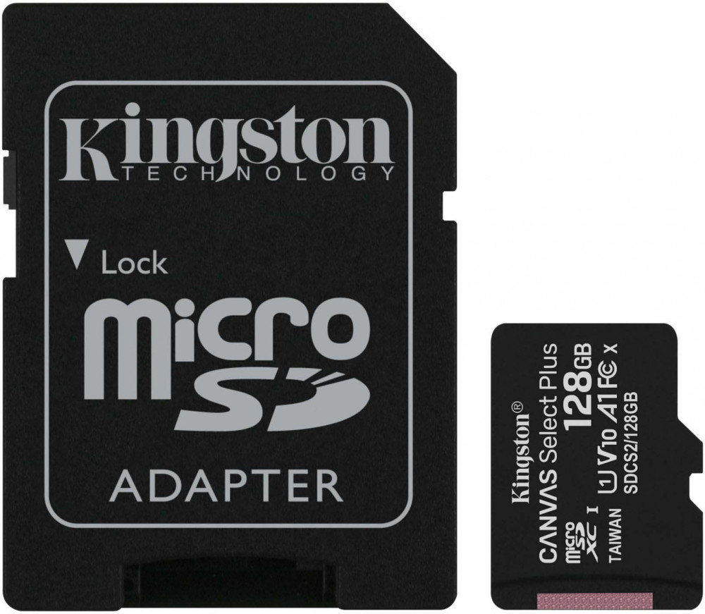 Карта памяти 128Gb Kingston Canvas Select Plus SDCS2/128GB, SD Micro, SDXC Class 10, UHS-I U1, переходник