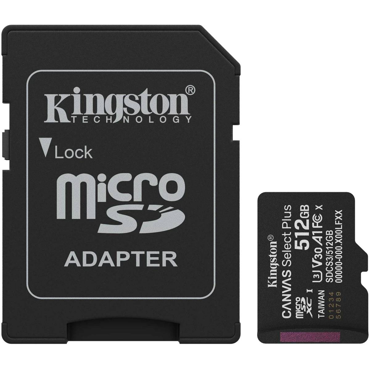 Карта памяти 512Gb Kingston Canvas Select Plus SDCS3/512GB, SD Micro, SDXC Class 10, UHS-I U1, адаптер