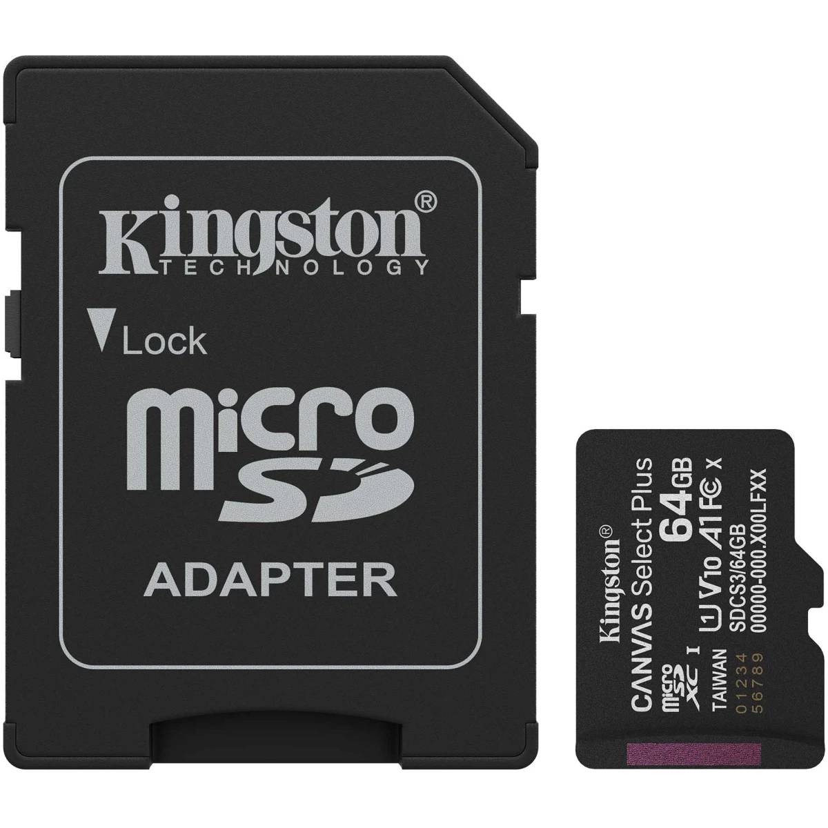 Карта памяти 64Gb Kingston Canvas Select Plus SDCS3/64GB, SD Micro, SDXC Class 10, UHS-I U1, переходник
