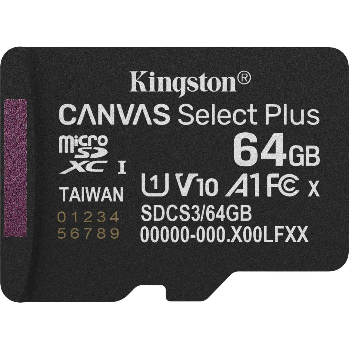 Карта памяти 64Gb Kingston Canvas Select Plus SDCS3/64GBSP, SD Micro, SDXC Class 10, UHS-I U1