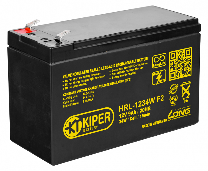 12V / 9Ah, аккумулятор для UPS, Kiper HRL-1234W (F2)