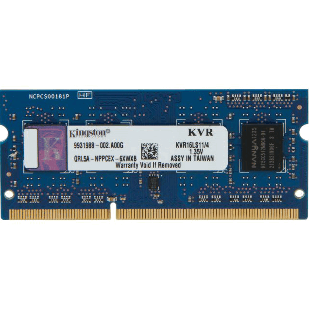 Оперативная память для ноутбука 4Gb Kingston ValueRAM KVR16LS11/4, SODIMM DDR III, PC-12800, 1600MHz, 1.35V