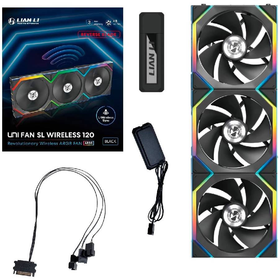 Вентилятор 12x12см Lian Li UNI FAN SL WIRELESS 120 Reverse Blade Black G99.12RSL1W3B.R0, 3шт + Controller