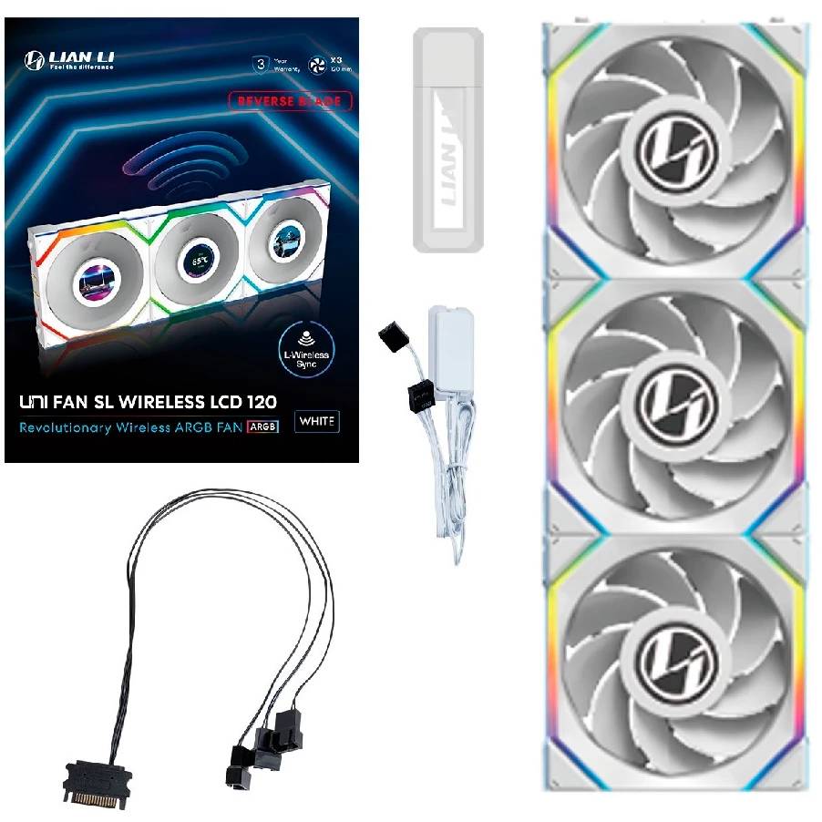 Вентилятор 12x12см Lian Li UNI FAN SL WIRELESS LCD 120 Reverse Blade White G99.12RSLLCD1W3W.R0, 3шт + Controller