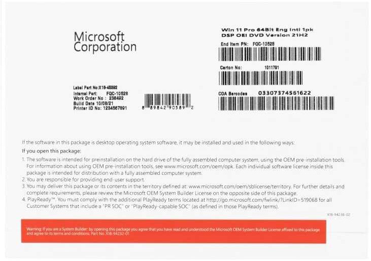 Microsoft Windows 11 Pro, 64-bit, Русская, DVD, oem (FQC-10528)
