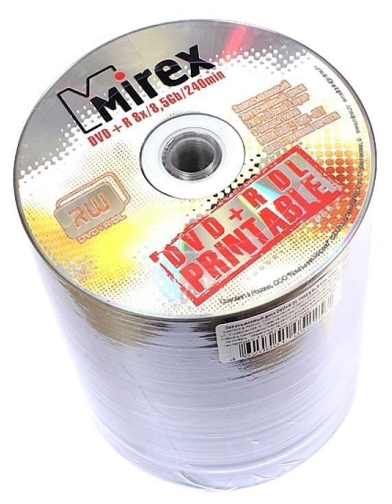 Dual Layer DVD+R 8x/8.5Gb Mirex printable inkjet по 100шт туба UL130069A8T, (полная заливка)
