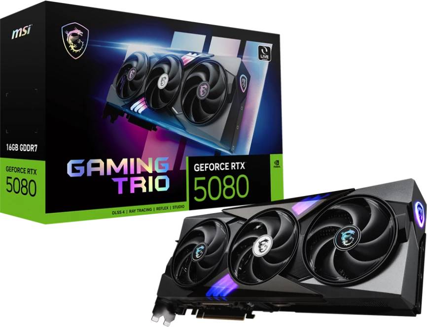Видеокарта GeForce RTX 5080, 16Gb GDDR7 256bit, MSI RTX 5080 16G GAMING TRIO, RTL