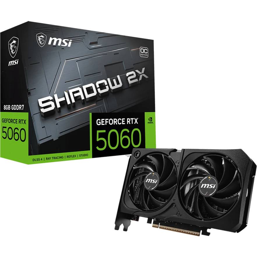 Видеокарта GeForce RTX 5060, 8Gb GDDR7 128bit, MSI RTX 5060 8G SHADOW 2X OC MAX, RTL