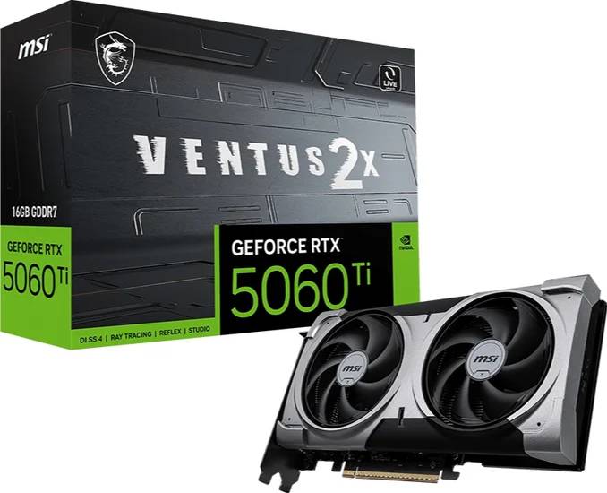 Видеокарта GeForce RTX 5060Ti, 16Gb GDDR7 128bit, MSI RTX 5060 Ti 16G VENTUS 2X PLUS, RTL