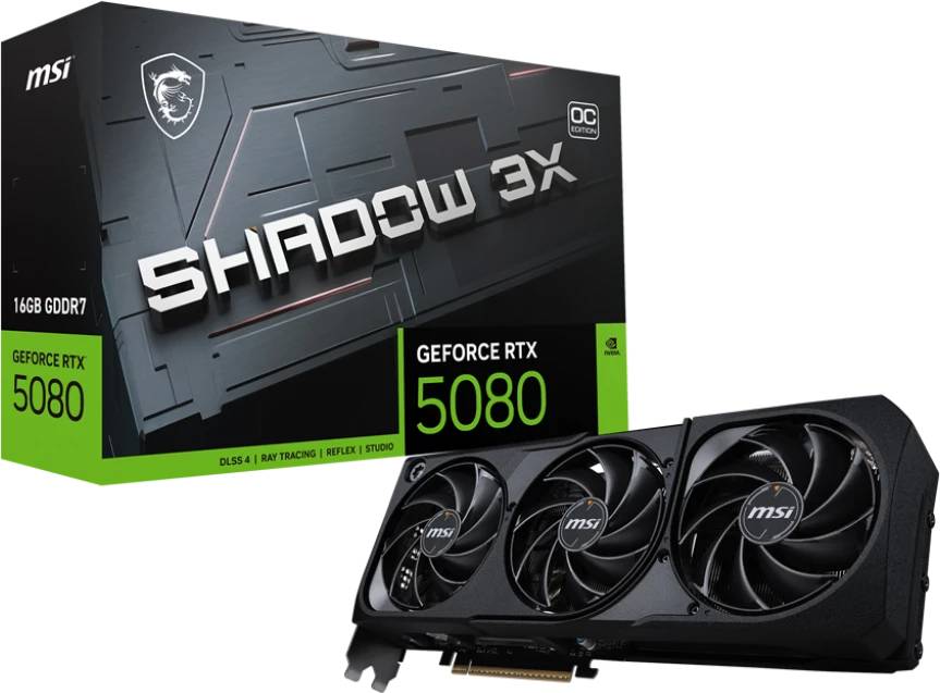 Видеокарта GeForce RTX 5080, 16Gb GDDR7 256bit, MSI RTX 5080 16G SHADOW 3X OC, RTL