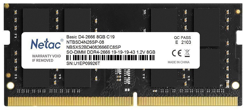 Оперативная память для ноутбука 8Gb Netac Basic NTBSD4N26SP-08, SODIMM DDR IV, PC-21300, 2666MHz