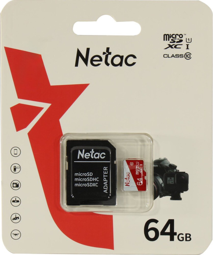 Карта памяти 64Gb Netac P500 ECO NT02P500ECO-064G-R, SD Micro, SDXC Class 10, UHS-I U1, адаптер