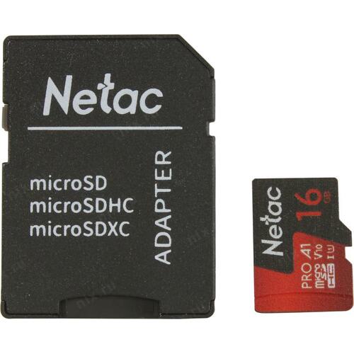 Карта памяти 16Gb Netac P500 Extreme Pro NT02P500PRO-016G-R, SD Micro, SDHC Class 10, UHS-I U1, переходник