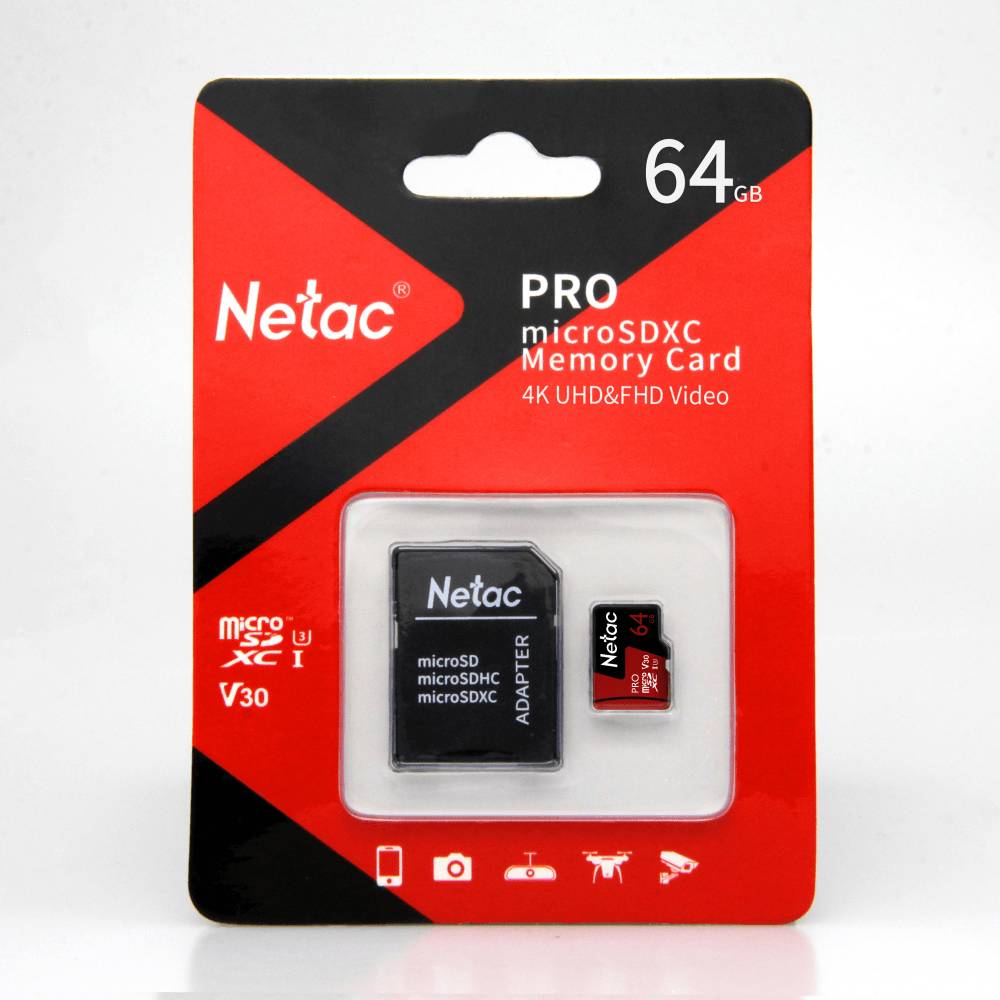 Карта памяти 64Gb Netac P500 Extreme Pro NT02P500PRO-064G-R, SD Micro, SDXC Class 10, UHS-I U3, переходник