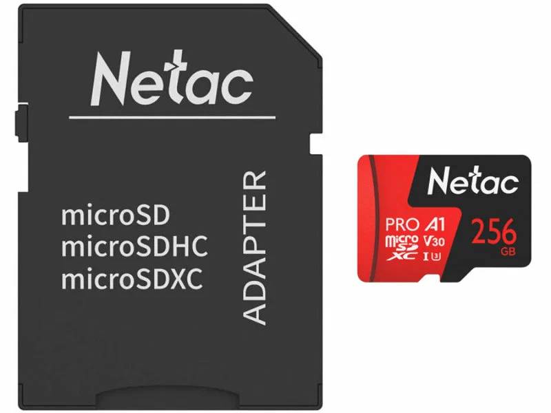 Карта памяти 256Gb Netac P500 Extreme Pro NT02P500PRO-256G-R, SD Micro, SDXC Class 10, UHS-I U3, переходник