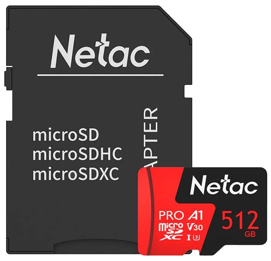 Карта памяти 512Gb Netac P500 Extreme Pro NT02P500PRO-512G-R, SD Micro, SDXC Class 10, UHS-I U3, переходник