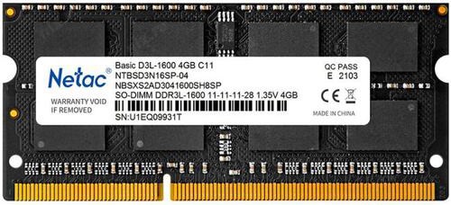 Оперативная память для ноутбука 4Gb Netac Basic NTBSD3N16SP-04, SODIMM DDR III, PC-12800, 1600MHz, 1.35V