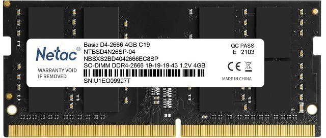 Оперативная память для ноутбука 4Gb Netac Basic NTBSD4N26SP-04, SODIMM DDR IV, PC-21300, 2666MHz