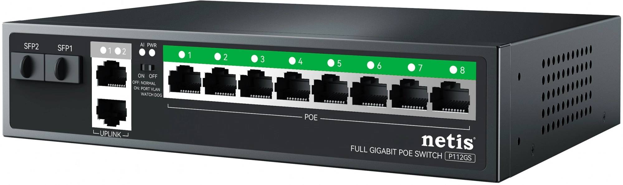 Коммутатор Netis P112GS, 8xLAN 1Gbps, 2xSFP, PoE