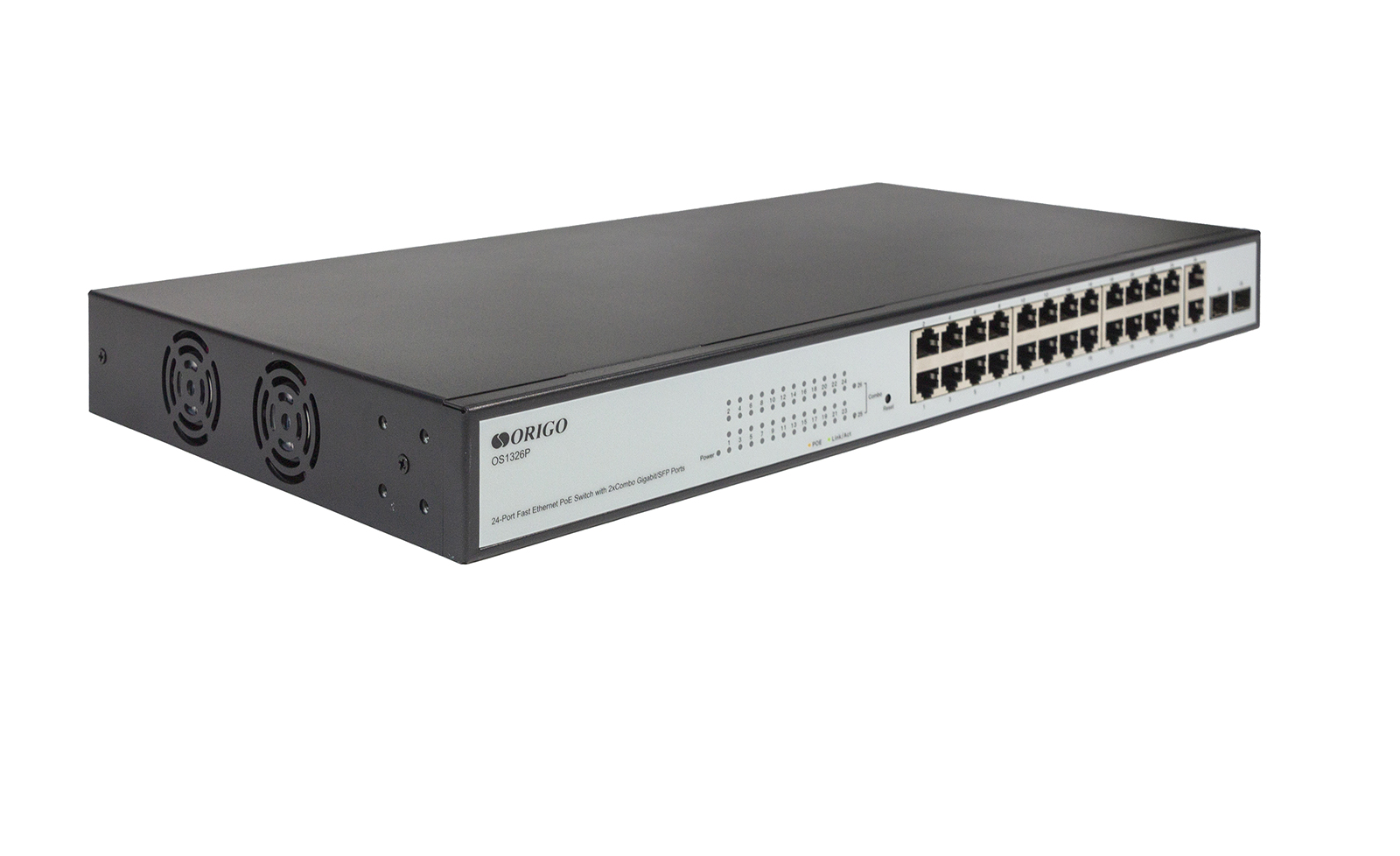 Коммутатор ORIGO OS1326P/280W/A2A, 24xLAN 100Mbps, 2xCombo (1Gbps/SFP), PoE+