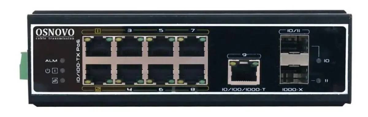 Коммутатор Osnovo SW-60812/I, 8xLAN 100Mbps, 1xLAN 1Gbps, 2xSFP, PoE